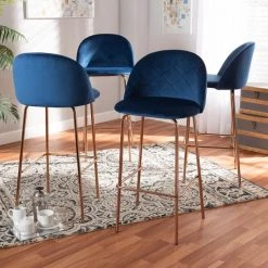 Baxton Studio Addie Blue Velvet Upholstered and Gold Finished 4-Piece Bar Stool Set -Kitchen & Dining Furniture Sales Store Wholesale20Interiors20Inc 10806xx5