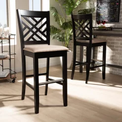 Baxton Studio Jason Sand Upholstered and Espresso Wood 2-Piece Bar Stool Set -Kitchen & Dining Furniture Sales Store Wholesale20Interiors20Inc 10850xx7