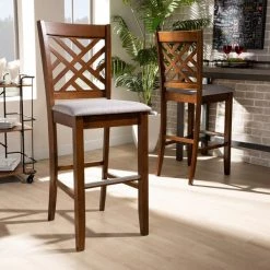 Baxton Studio Jason Grey Upholstered and Walnut Wood 2-Piece Bar Stool Set -Kitchen & Dining Furniture Sales Store Wholesale20Interiors20Inc 10852xx7