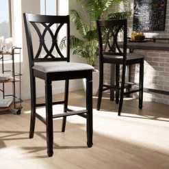 Baxton Studio Calista Grey Upholstered and Espresso Wood 2-Piece Bar Stool Set -Kitchen & Dining Furniture Sales Store Wholesale20Interiors20Inc 10854xx7