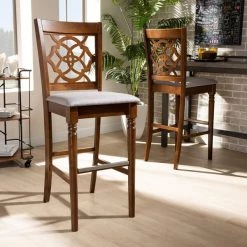 Baxton Studio Alexandra Grey Upholstered and Walnut Wood 2-Piece Bar Stool Set -Kitchen & Dining Furniture Sales Store Wholesale20Interiors20Inc 10861xx7