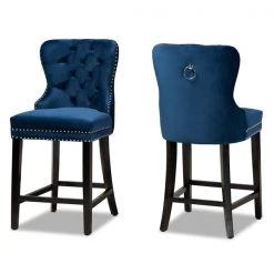 Baxton Studio Howell Modern Transitional Navy Blue Velvet and Dark Brown Finished Wood 2-Piece Counter Stool Set