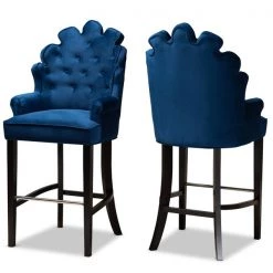 Baxton Studio Chloe Modern and Contemporary Navy Blue Velvet and Dark Brown Finished Wood 2-Piece Bar Stool Set