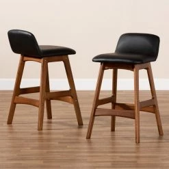 Baxton Studio Darrin Mid-Century Black Faux Leather and Walnut Brown Finished Wood 2-PC Counter Stool Set -Kitchen & Dining Furniture Sales Store Wholesale20Interiors20Inc 11017xx7xx282a82