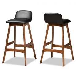 Baxton Studio Darrin Mid-Century Modern Black Faux Leather and Walnut Brown Finished Wood 2-Piece Bar Stool Set