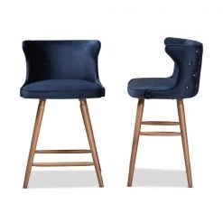 Baxton Studio Sagira Modern Navy Blue Velvet Fabric and Walnut Brown Finished Wood 2-PC Counter Stool Set -Kitchen & Dining Furniture Sales Store Wholesale20Interiors20Inc 11682xx3xx779279
