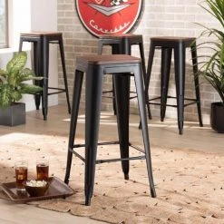 Baxton Studio Horton ModernBlack Metal and Walnut Brown Finished Wood 4-Piece Bar Stool Set -Kitchen & Dining Furniture Sales Store Wholesale20Interiors20Inc 12052xx6xxb23bbb 1