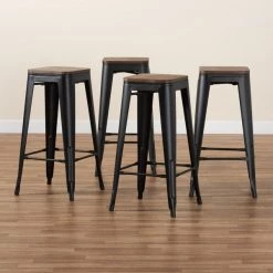 Baxton Studio Horton ModernBlack Metal and Walnut Brown Finished Wood 4-Piece Bar Stool Set -Kitchen & Dining Furniture Sales Store Wholesale20Interiors20Inc 12052xx7xxddc5c9