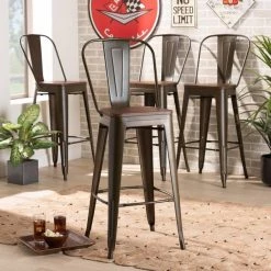 Baxton Studio Rosetta Modern Industrial Brown Metal and Walnut Brown Finished Wood 4-Piece Bar Stool Set