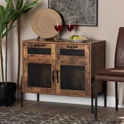Baxton Studio Valeska Modern Industrial Walnut Brown Finished Wood and Black Metal 2-Drawer Sideboard