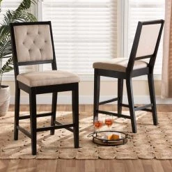 Baxton Studio Gideon ModernSand Fabric Upholstered and Dark Brown Finished Wood 2-Piece Counter Stool Set PR