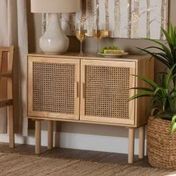 Baxton Studio Maclean Mid-Century Rattan and Natural Brown Finished Wood 2-Door Sideboard Buffet -Kitchen & Dining Furniture Sales Store Wholesale20Interiors20Inc 12314xx8xx84a923 1