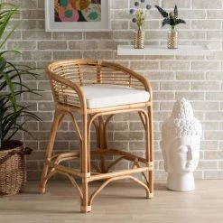 Baxton Studio Maverick Modern Bohemian White Fabric Upholstered and Natural Brown Rattan Counter Stool -Kitchen & Dining Furniture Sales Store Wholesale20Interiors20Inc 12591xx8xx723386 1