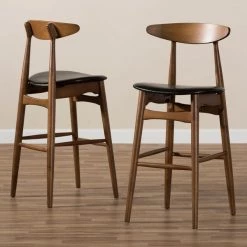 Baxton Studio Flora Black Faux Leather Upholstered Walnut Finished Bar Stool, PK2 -Kitchen & Dining Furniture Sales Store Wholesale20Interiors20Inc 8074xx7