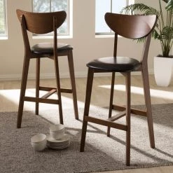 Baxton Studio Eline Black Faux Leather Upholstered Walnut Finished Bar Stool, PK2 -Kitchen & Dining Furniture Sales Store Wholesale20Interiors20Inc 8076xx6