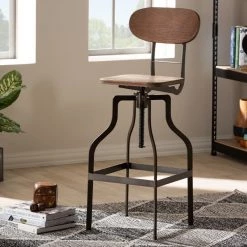 Baxton Studio Varek Wood and Rust-Finished Steel Adjustable Swivel Bar Stool -Kitchen & Dining Furniture Sales Store Wholesale20Interiors20Inc 9124xx6