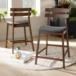 Baxton Studio Larine Dark Grey Upholstered Walnut Finished 2-Piece Counter Stool Set -Kitchen & Dining Furniture Sales Store Wholesale20Interiors20Inc 9698xx7