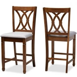 Baxton Studio Reneau Grey Upholstered Walnut Wood 2-PC Counter Height Pub Chair Set