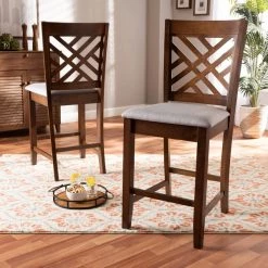 Baxton Studio Caron Grey Upholstered Walnut Wood 2-PC Counter Height Pub Chair Set -Kitchen & Dining Furniture Sales Store Wholesale20Interiors20Inc 9886xx6