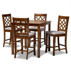 Baxton Studio Nisa Modern and Contemporary Grey Fabric Walnut Brown Finished Wood 5-Piece Pub Set