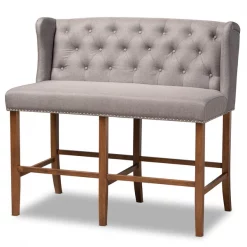Baxton Studio Alira Grey Upholstered Walnut Wood Button Tufted Bar Stool Bench