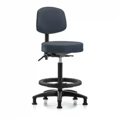 Blue Ridge Ergonomics Bench Stool, Hi, Vinyl, Bk, BF, Glides, Nav