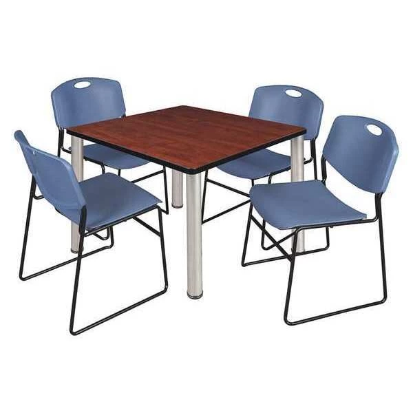 Kee/Zeng Square Cherry Table/4 Blue Chairs, Square, 36", 36" W, 29" H, Cherry 3 Kee/Zeng Square Cherry Table/4 Blue Chairs, Square, 36", 36" W, 29" H, Cherry