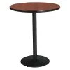 Round KFI 42" Round Breakroom Table with Mahogany Top, Round Black Base, Bistro Height, 42 W, 42 L
