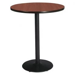 Round KFI 42" Round Breakroom Table with Mahogany Top, Round Black Base, Bistro Height, 42 W, 42 L