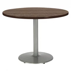 Round KFI Mode 42" Round Breakroom Table with Studio Teak Top, Round Silver Base, Counter Height