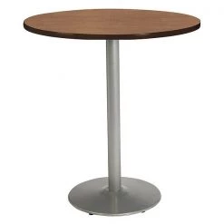 Round KFI Mode 42" Round Top Breakroom Table, River Cherry Finish, Round Silver Base, Bistro Height