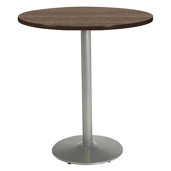 Round KFI Mode 42" Round Top Breakroom Table, Studio Teak Finish, Round Silver Base, Bistro Height 3 Round KFI Mode 42" Round Top Breakroom Table, Studio Teak Finish, Round Silver Base, Bistro Height