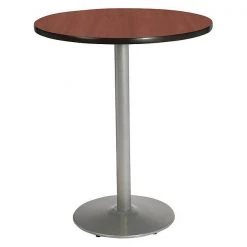 Round KFI Dark Mahogany 42in Breakroom Table with Round Silver Base, Dark Mahogany, 42 W, 42 L