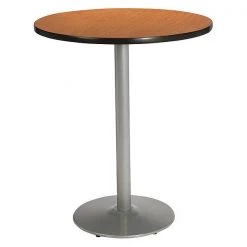 Round KFI Medium Oak 42in Breakroom Table with Round Silver Base, Medium Oak, 42 W, 42 L, 42 H