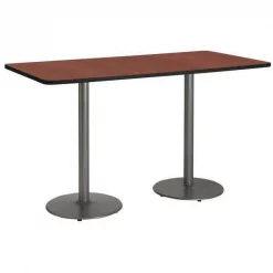 Rectangle KFI 36" x 72" Pedestal Table with Mahogany Top, Round Silver Base, Bistro Height, 72 W