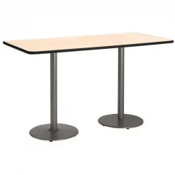 Rectangle KFI 36" x 72" Pedestal Table with Natural Top, Round Silver Base, Bistro Height, 72 W