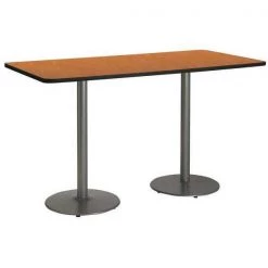 Rectangle KFI 30" x 72" Conference Table with Medium Oak Top, Round Silver Base, Bistro Height
