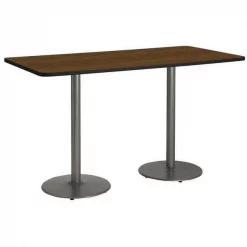 Rectangle KFI 36" x 72" Pedestal Table with Walnut Top, Round Silver Base, Bistro Height, 72 W