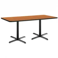 Rectangle KFI 36" x 72" Pedestal Table with Medium Oak Top, Black X-Base, 72 W, 36 L, 29 H