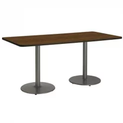 Rectangle KFI 36" x 72" Pedestal Table with Walnut Top, Round Silver Base, 72 W, 36 L, 29 H, Walnut