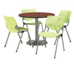 Round KFI Round 36" Dia. Pedestal Table with 4 Lime KOOL Series Stack Chairs, Mahogany Laminate Top