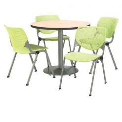 Round KFI Round 36" Dia. Pedestal Table with 4 Lime KOOL Series Stack Chairs, Natural Laminate Top