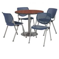 Round KFI Round 36" Dia. Pedestal Table with 4 Navy KOOL Series Stack Chairs, Mahogany Laminate Top
