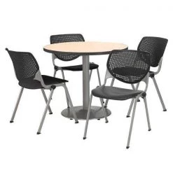 Round KFI Round 36" Dia. Pedestal Table with 4 Black KOOL Series Stack Chairs, Natural Laminate Top