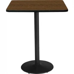 Square KFI 42" Square Breakroom Table with Walnut Top, Round Black Base, Bistro Height, 42 W, 42 L