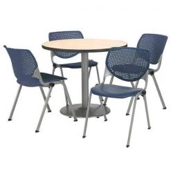 Round KFI Round 36" Dia. Pedestal Table with 4 Navy KOOL Series Stack Chairs, Natural Laminate Top