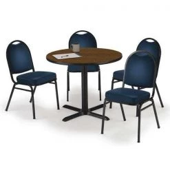 Round KFI Round 36" Dia. Pedestal Table with 4 Navy Vinyl Armless Stack Chairs, Walnut Laminate Top