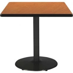 Square KFI 30" Square Breakroom Table with Medium Oak Top, Round Black Base, 30 W, 30 L, 29 H