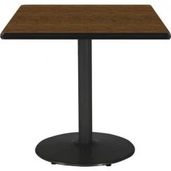 Square KFI 36" Square Breakroom Table with Walnut Top, Round Black Base, 36 W, 36 L, 29 H, Walnut