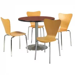 Round KFI Round 36" Dia. Pedestal Table with 4 Natural Bentwood CafÃ© Chairs, Mahogany Laminate Top